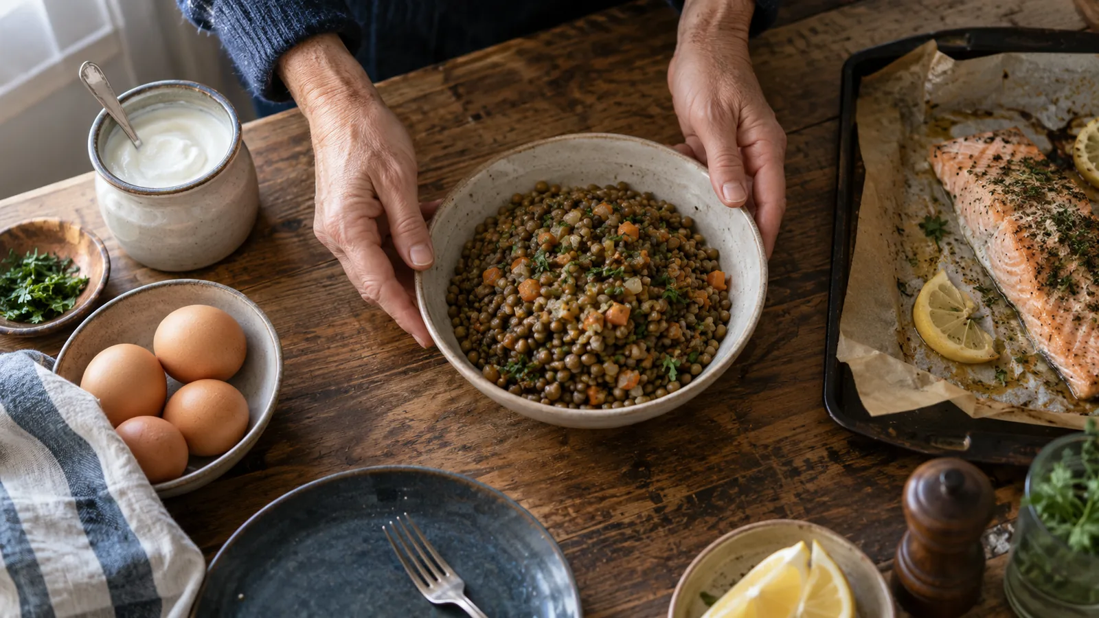 Vue de dessus d'une table en bois : deux mains d'adulte tiennent un bol de lentilles, entouré d'œufs, d'un pot de yaourt et d'un filet de poisson cuit au citron